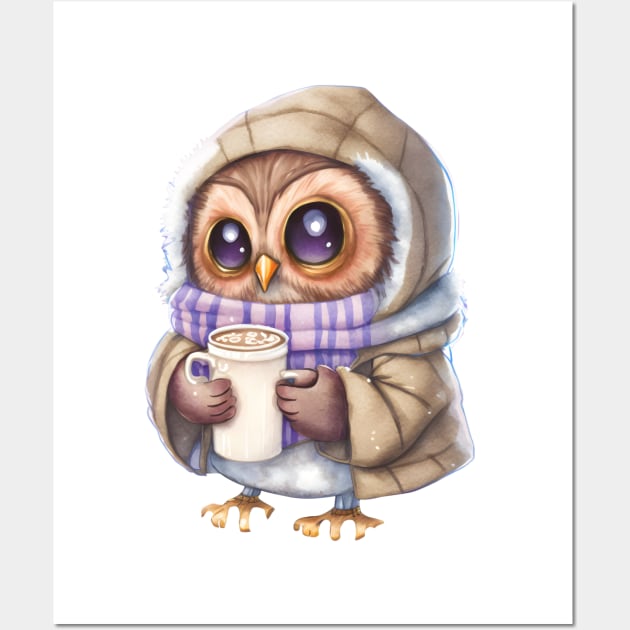 Chibi Owl Drinking Hot Chocolate Cute Baby Christmas Scarf Beanie Wall Art by Intuitive_Designs0